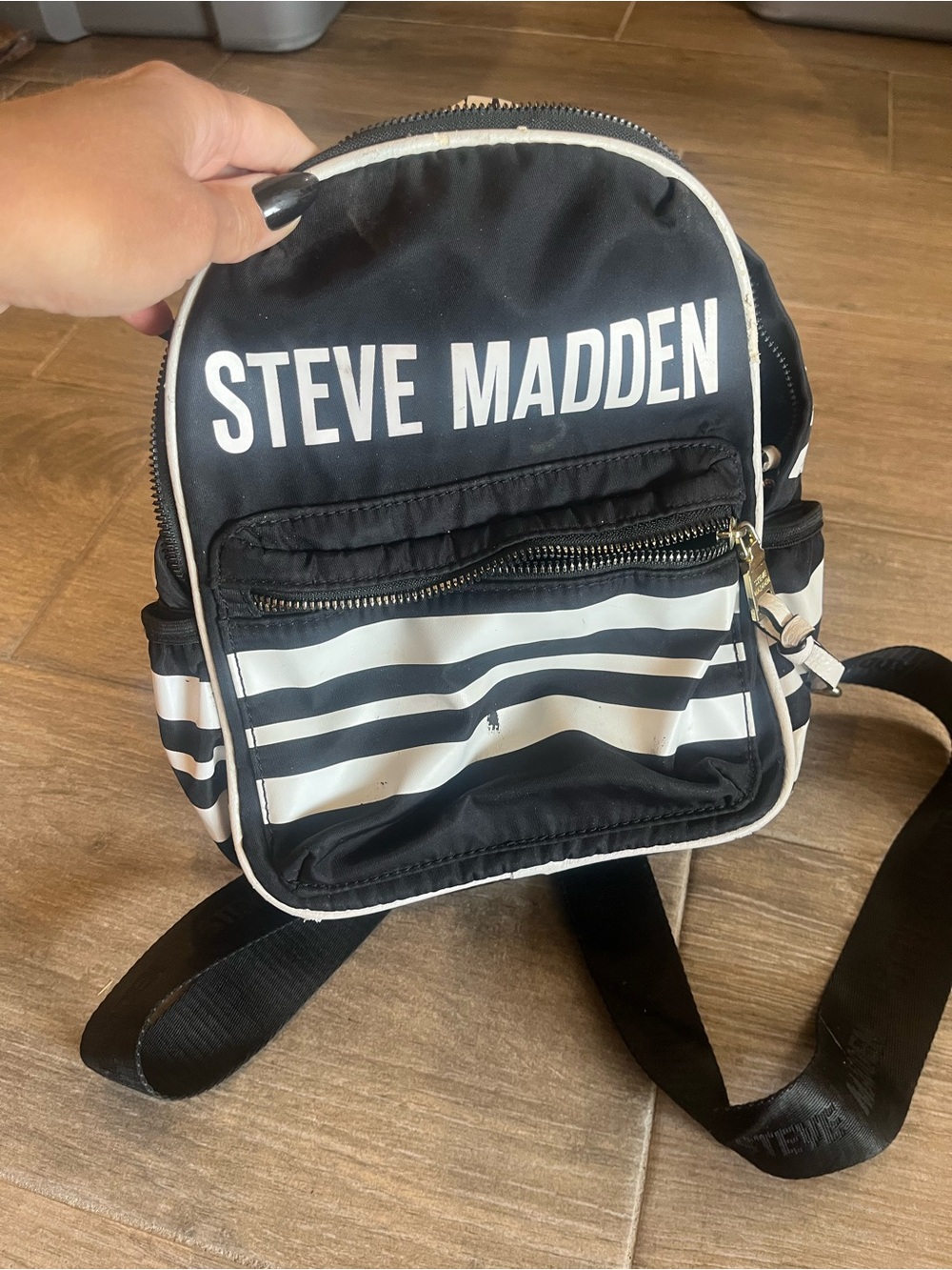Steve Madden Black and White Striped Mini Backpack with Logo